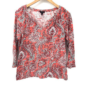 Talbots Blouse Womens Large Floral Paisley V-Neck 3/4 Sleeve Pink White Shirt